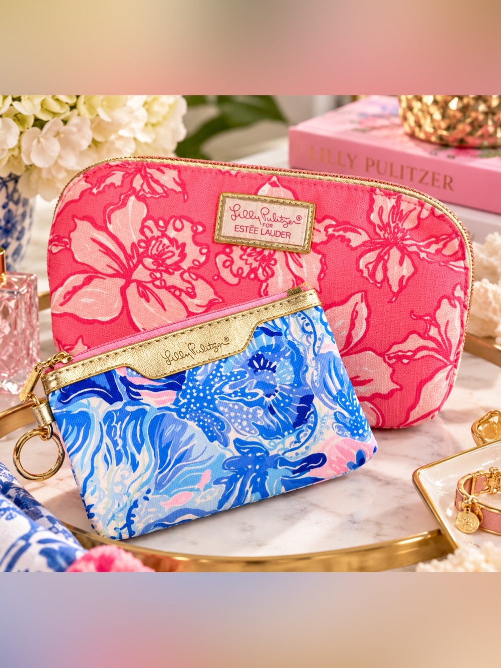 LILLY PULITZER Pink Floral Cosmetic Pouch with Blue Floral Coin Purse